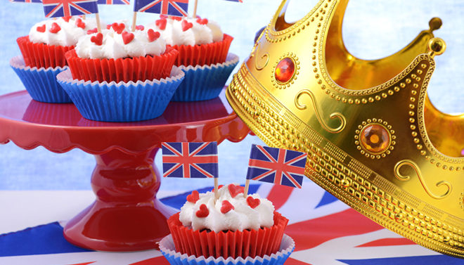 Small cupcakes with uk flag and queens crown