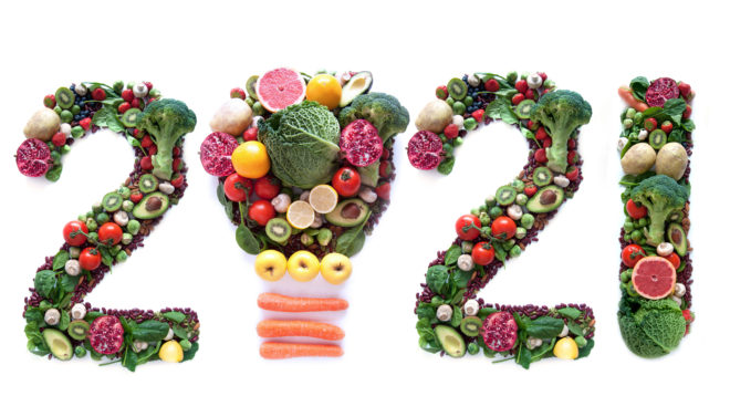 2021 made of fruits and vegetables including a light bulb icon