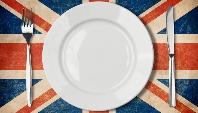 Plate, fork and kinife on UK flag
