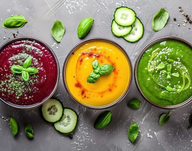 bowls of vegan and plant based soups sauces