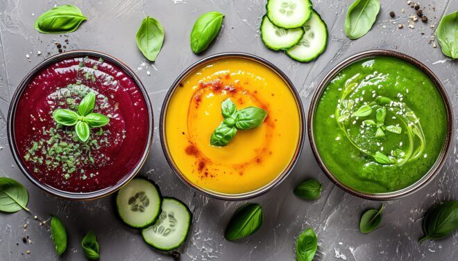 bowls of vegan and plant based soups sauces